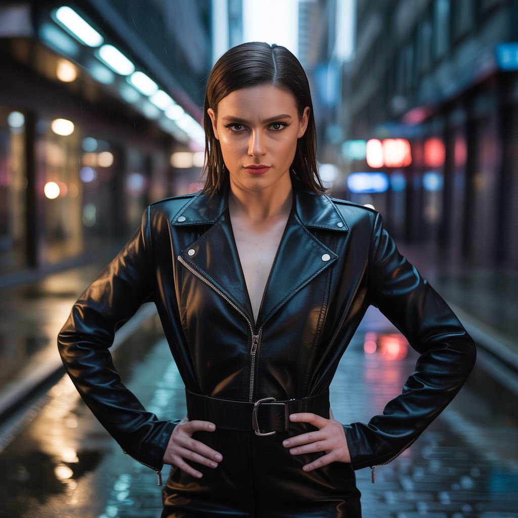 Stylish AI girlfriend looking down at viewer confidently