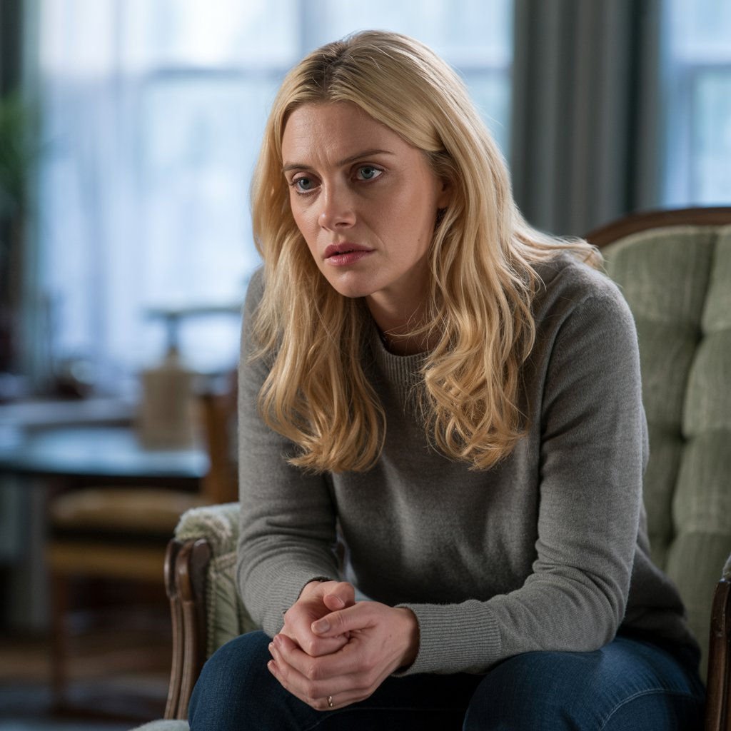 One empathetic AI girlfriend with soft eyes, sitting and looking warmly at the viewer