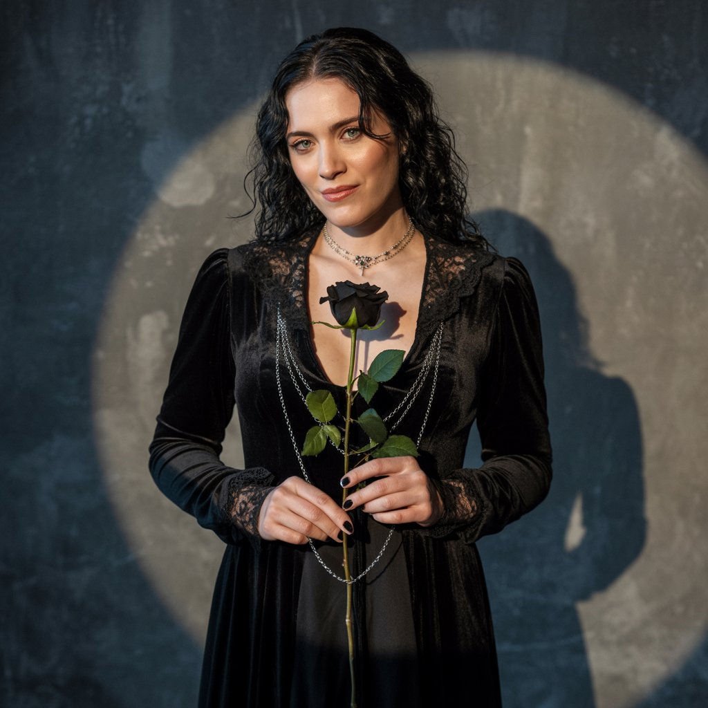 Gothic AI girlfriend with jet black hair, smoky eyes, and skimpy black lace lingerie staring into camera