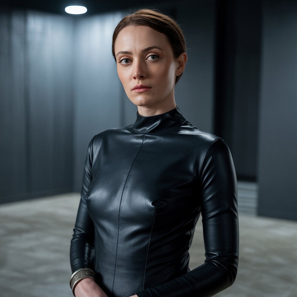 One daring AI girlfriend in lingerie, smirking with a finger on her lips