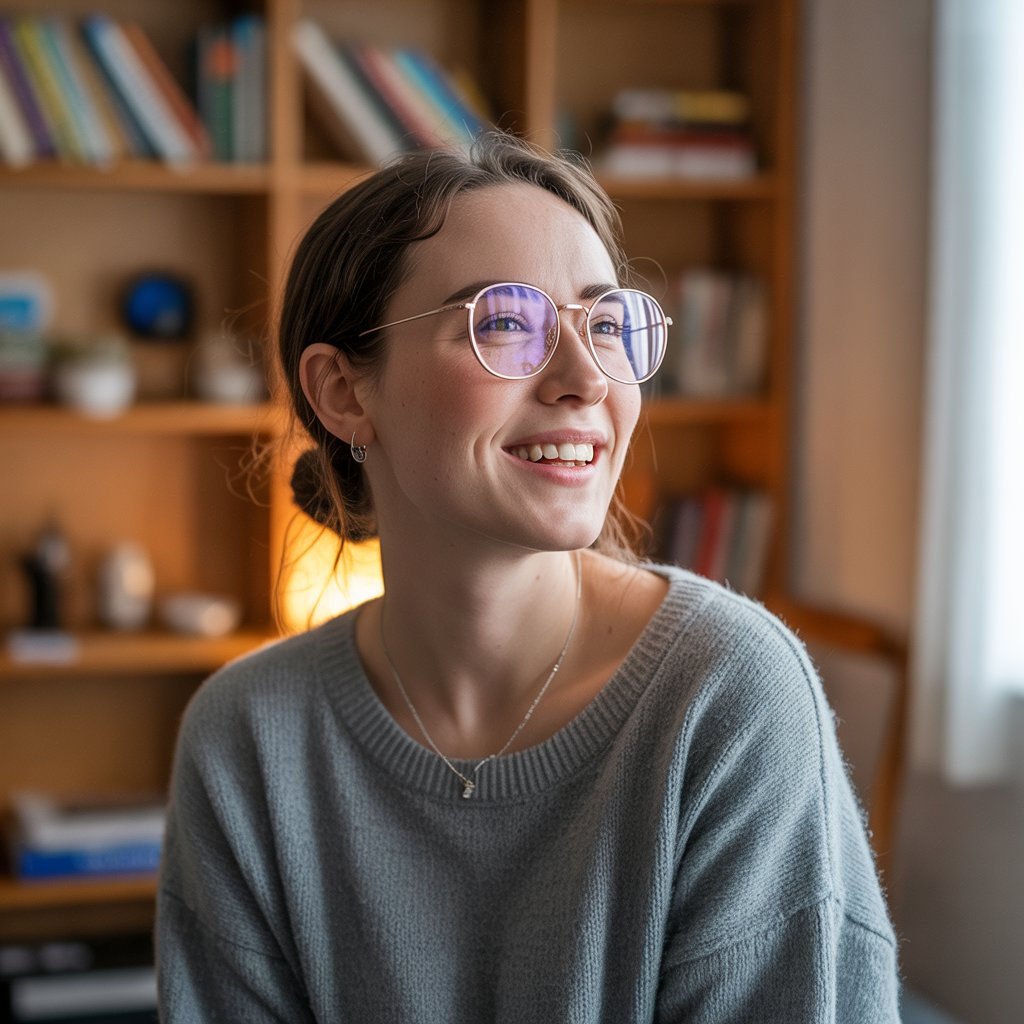 Cute nerdy AI girlfriend in glasses, looking shy but playful in skimpy clothes