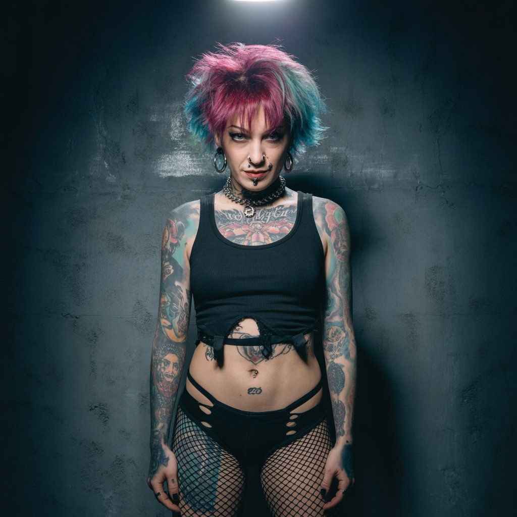 Single punk AI girlfriend with piercings and mohawk, posing in skimpy punk-styled underwear