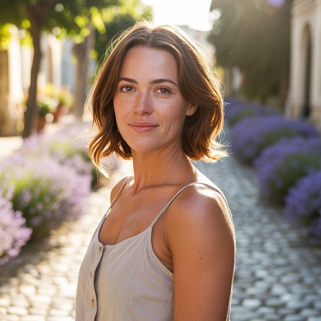 Single AI girlfriend in soft pink underwear, gazing sweetly at the viewer