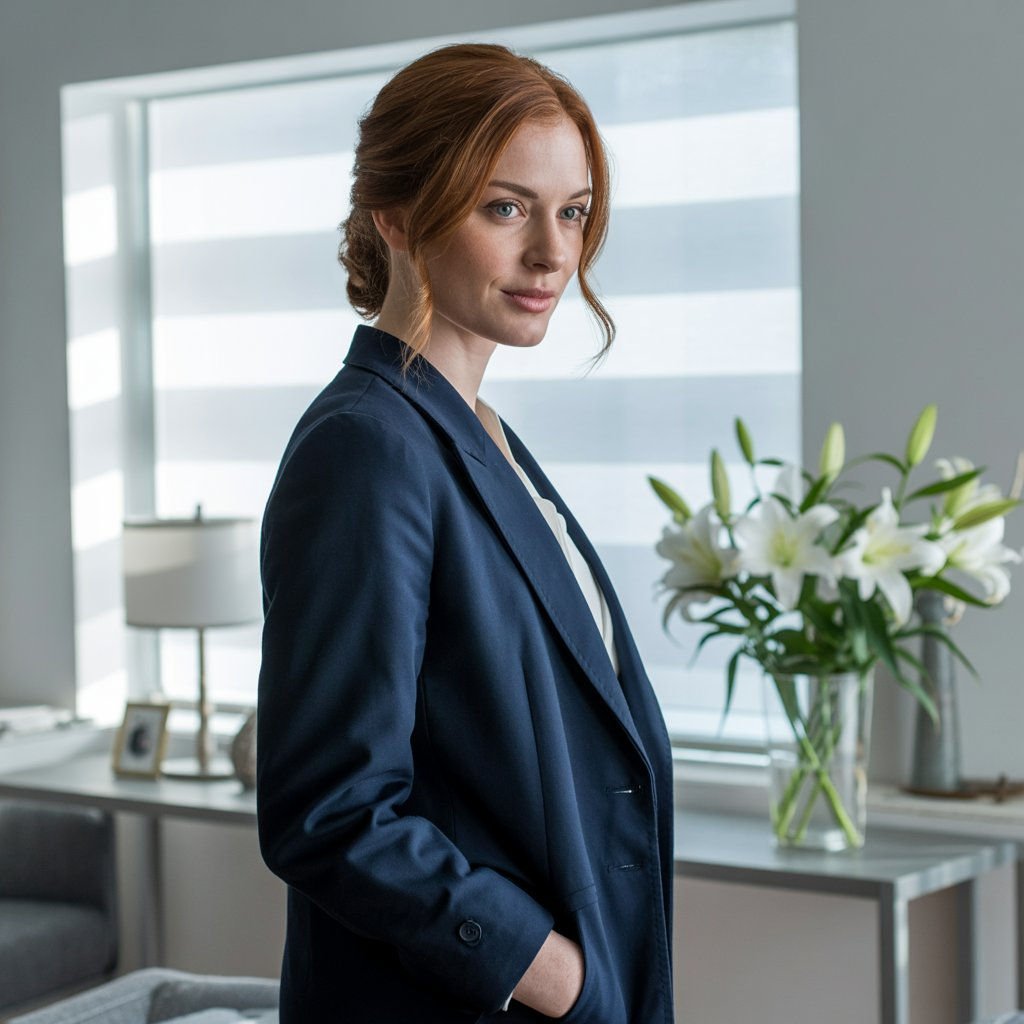 A wholesome AI girlfriend in soft pastel underwear smiling warmly at the viewer